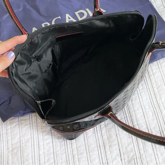 Arcadia Genuine Patent Leather Made in Italy Logo Satchel Bag Black with Red - Picture 5 of 11